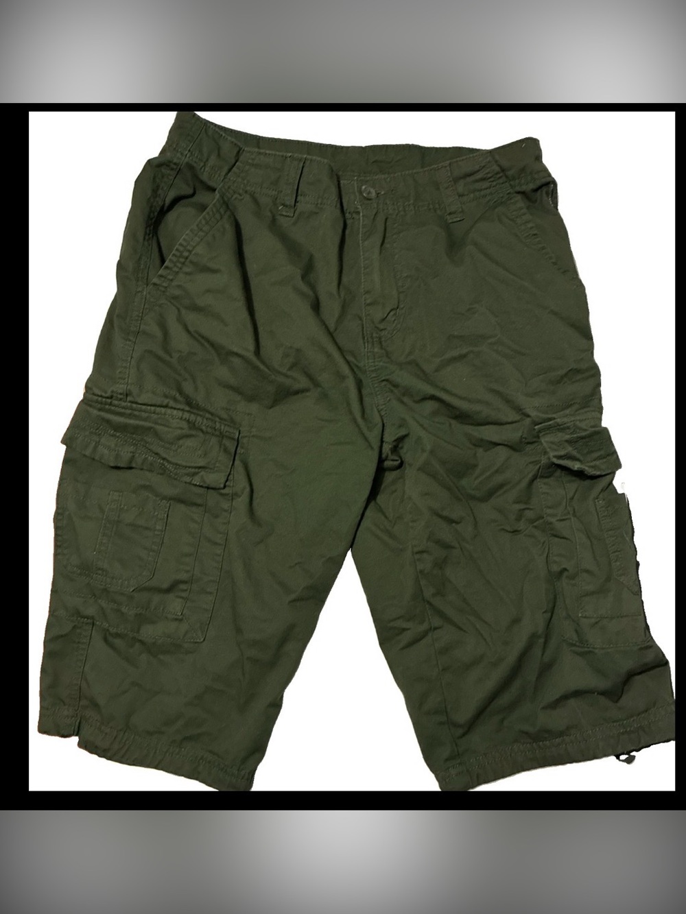 Ring of Fire Authentic Cargo Shorts Mens 30 Green Cotton Long Drawstring Hem EUC